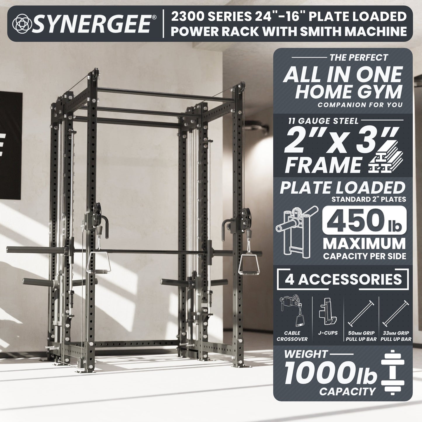 Synergee 2300 Series Power Cage with Plate Loaded Cable Cross Overs and Smith Machine