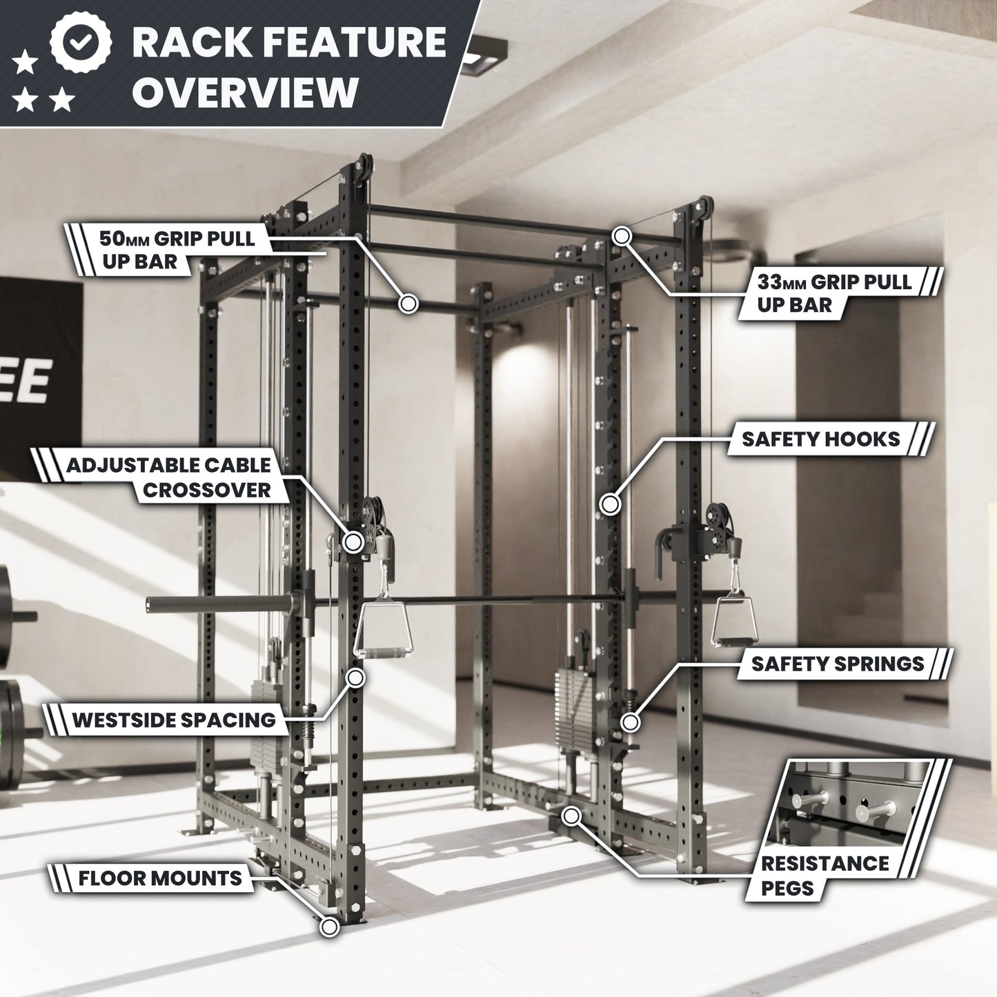Synergee 2300 Series Power Cage with Synchronized Loaded Cable Cross Overs and Smith Machine