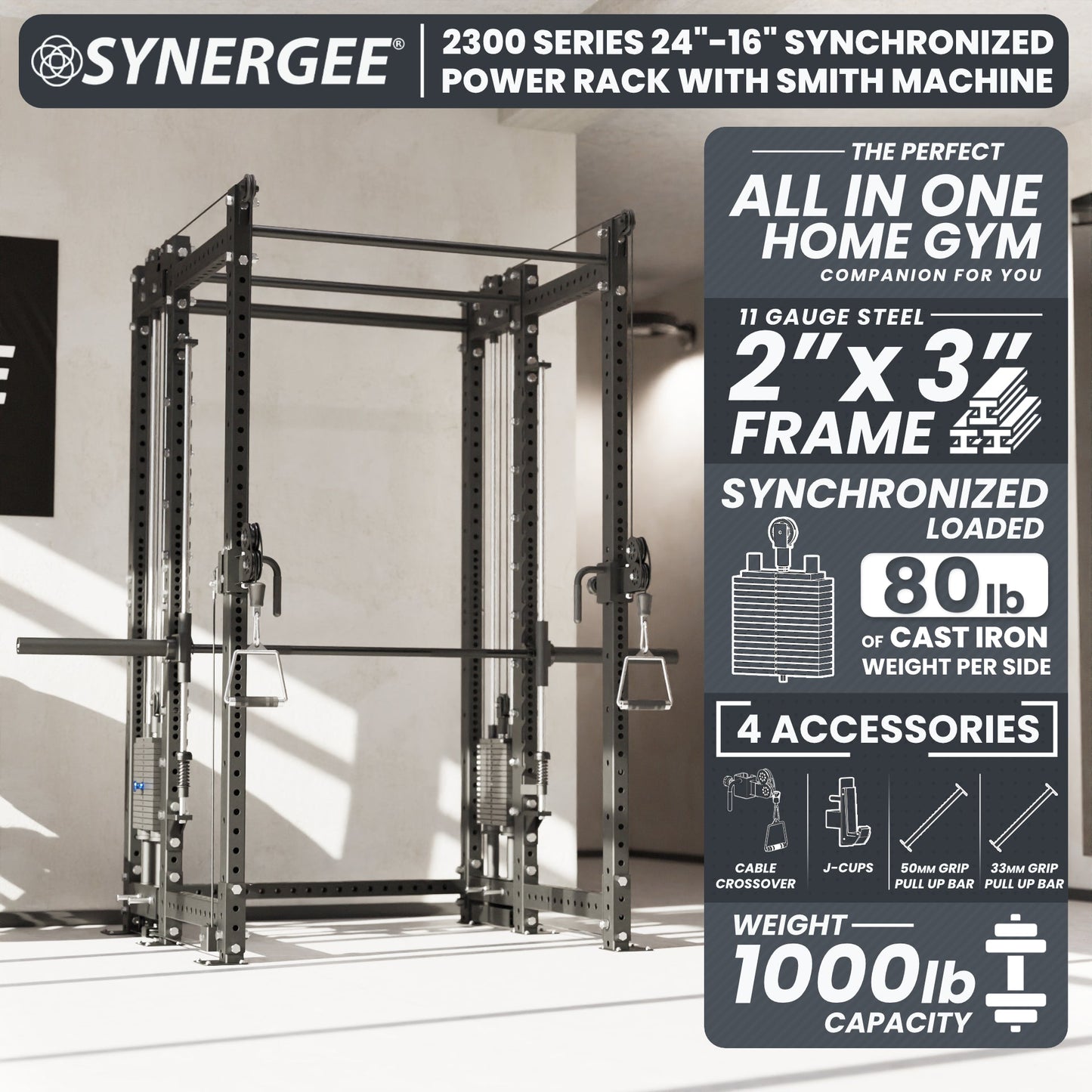 Synergee 2300 Series Power Cage with Synchronized Loaded Cable Cross Overs and Smith Machine