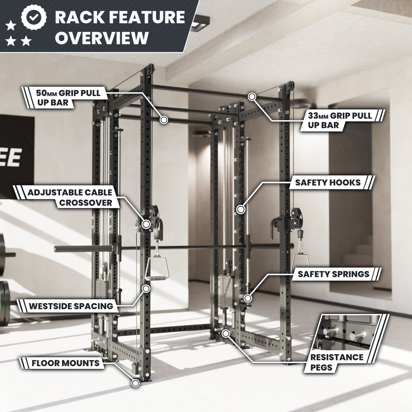 Synergee 2300 Series Power Cage with Synchronized Loaded Cable Cross Overs and Smith Machine