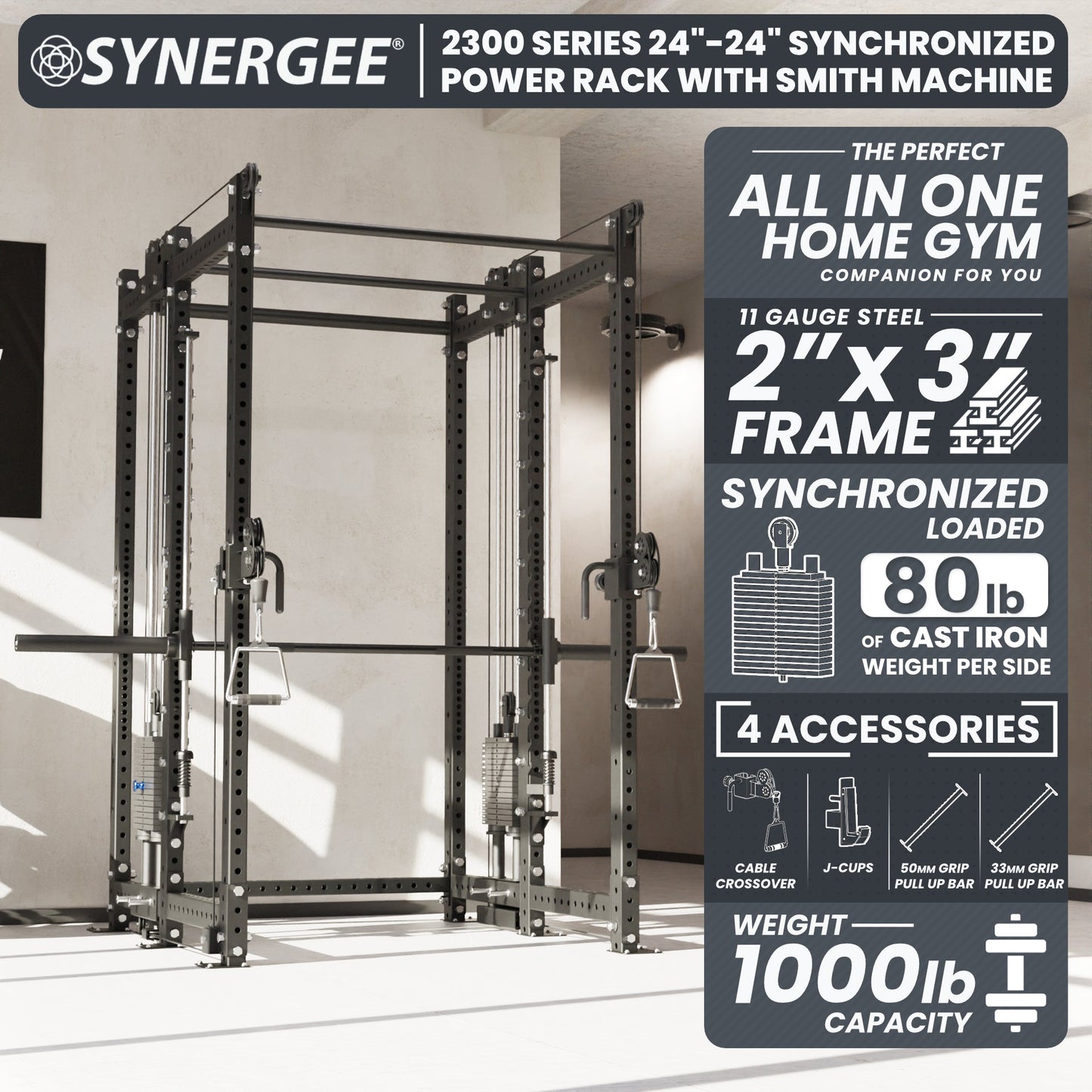 Synergee 2300 Series Power Cage with Synchronized Loaded Cable Cross Overs and Smith Machine
