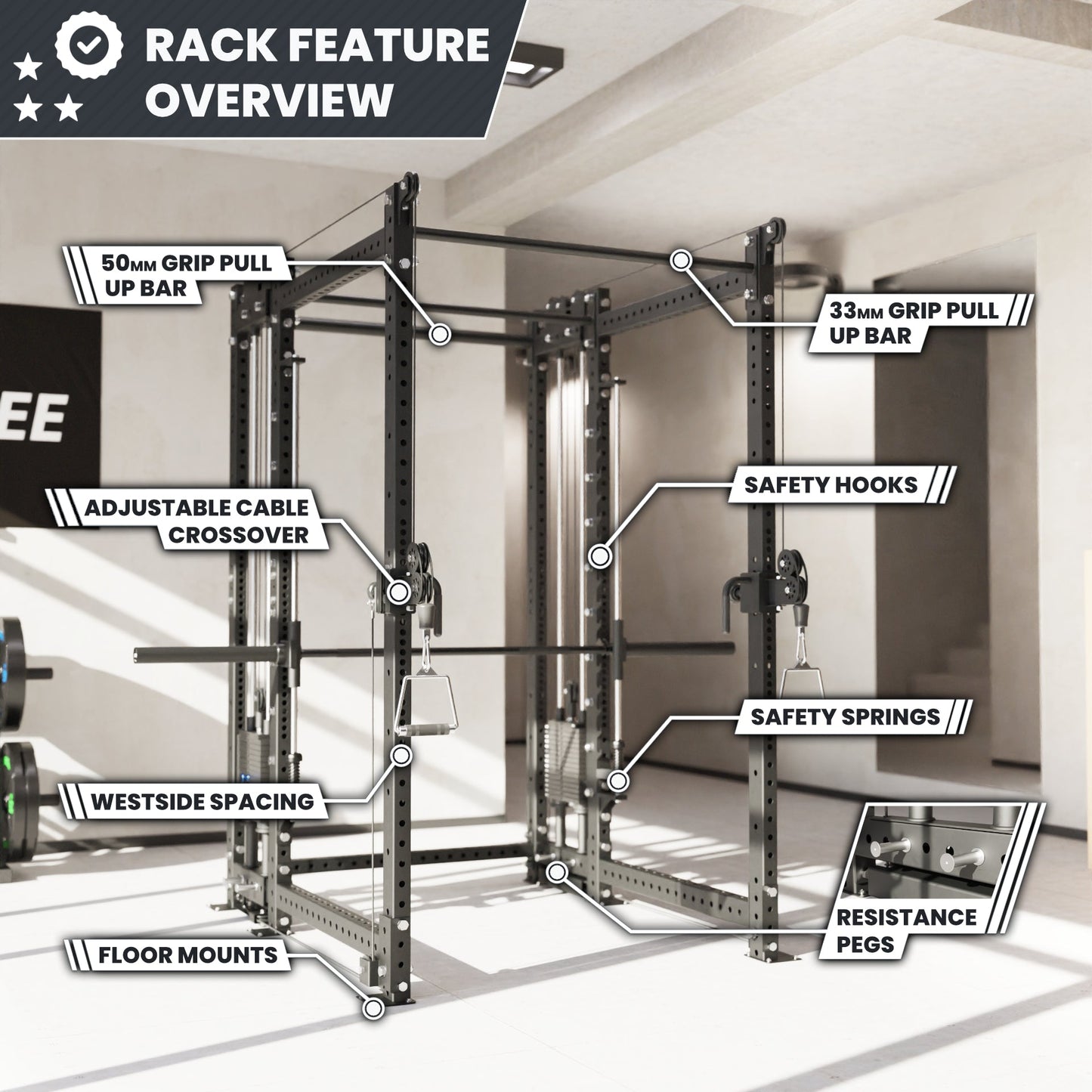 Synergee 2300 Series Power Cage with Synchronized Loaded Cable Cross Overs and Smith Machine