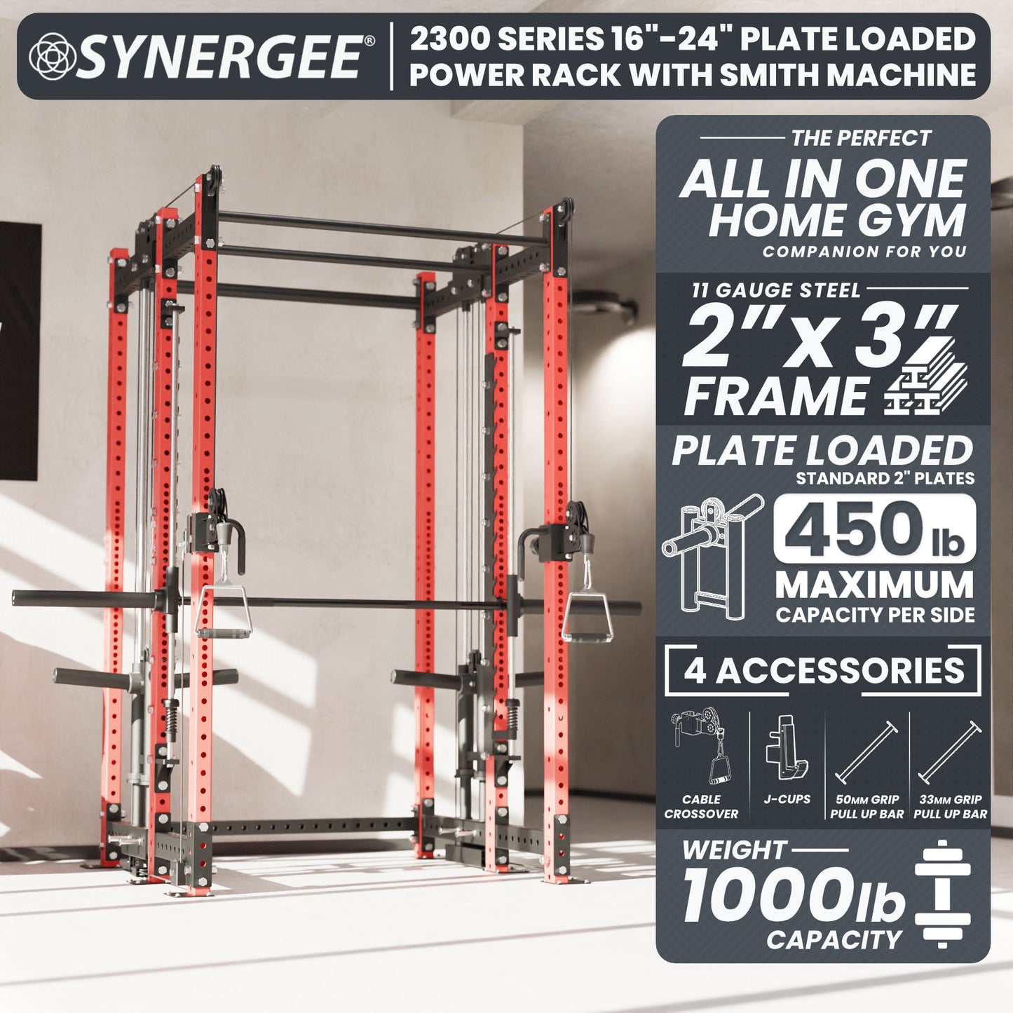 Synergee 2300 Series Power Cage with Plate Loaded Cable Cross Overs and Smith Machine