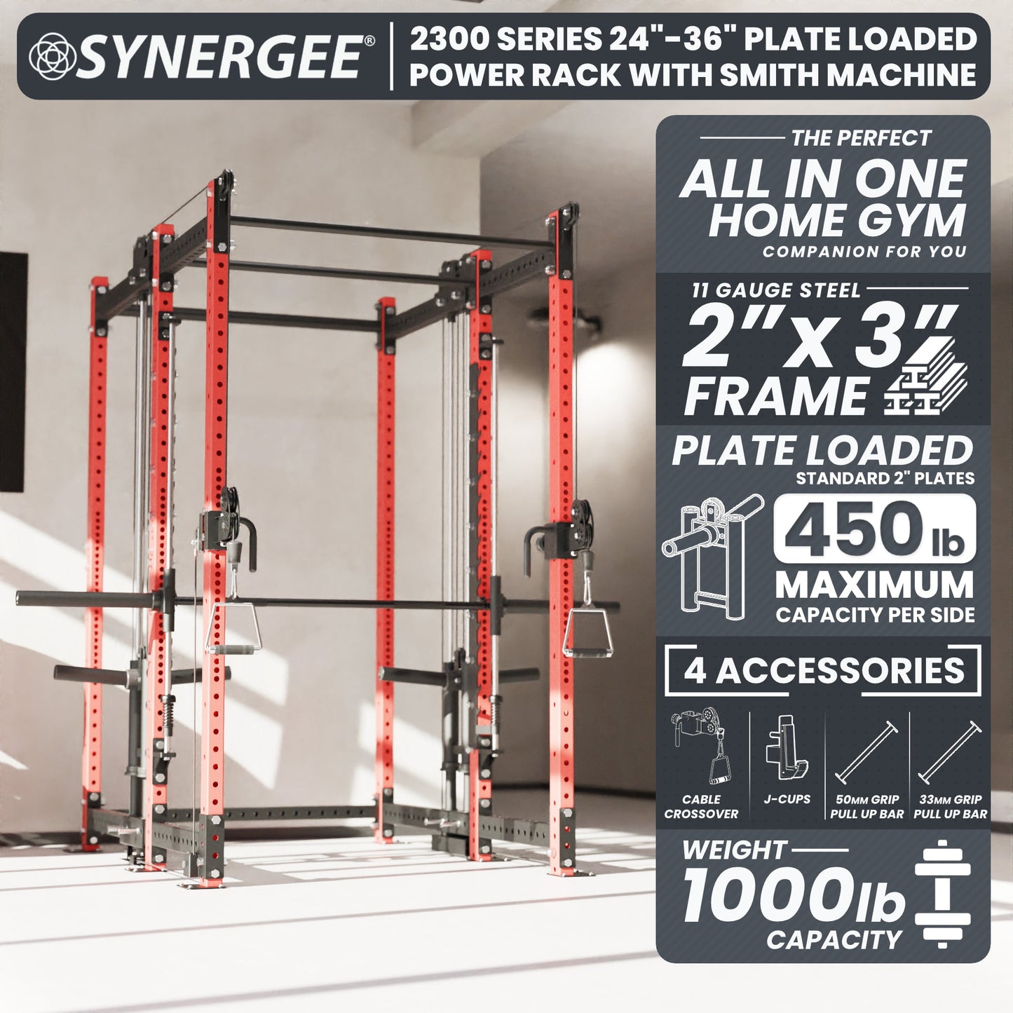 Synergee 2300 Series Power Cage with Plate Loaded Cable Cross Overs and Smith Machine