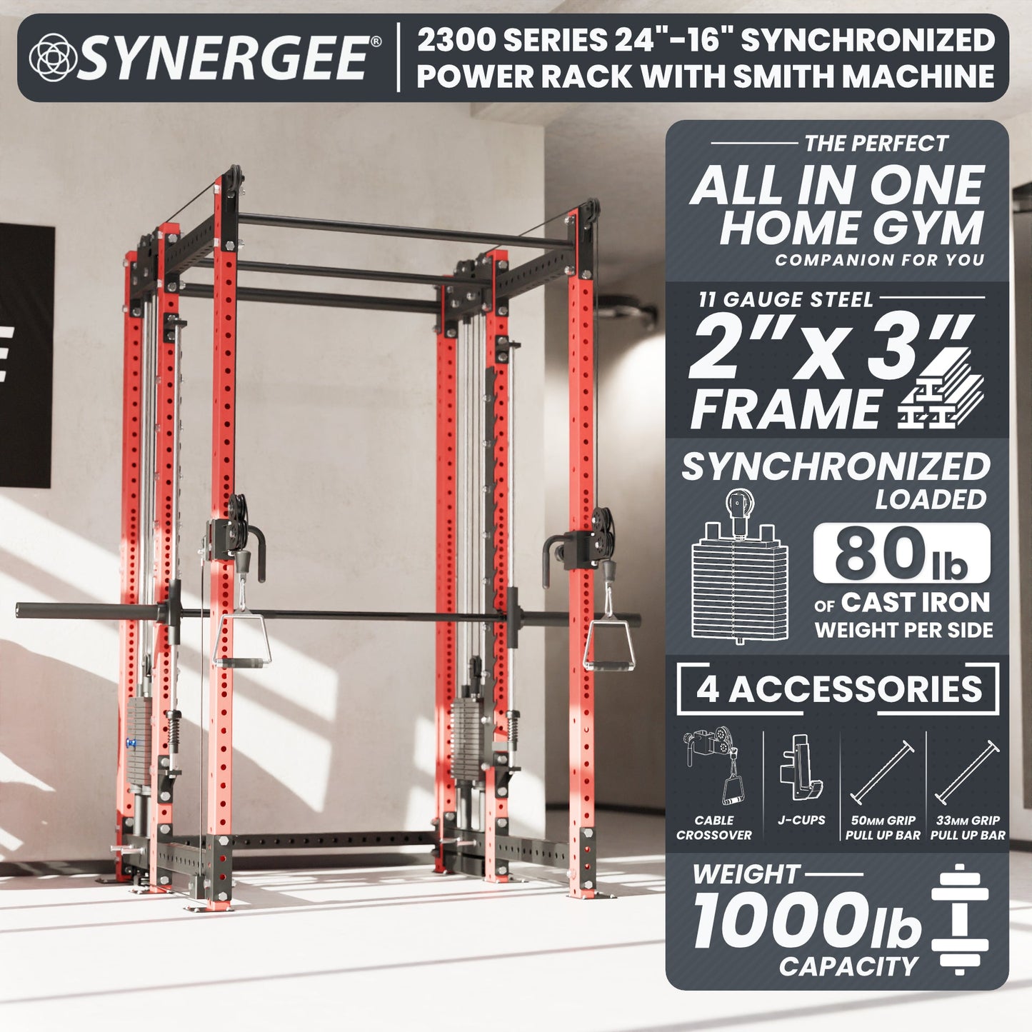 Synergee 2300 Series Power Cage with Synchronized Loaded Cable Cross Overs and Smith Machine