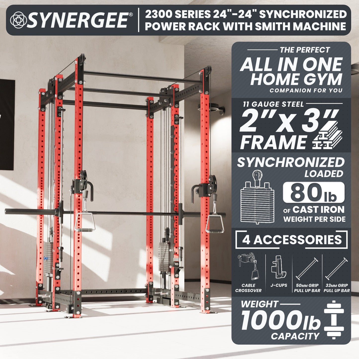 Synergee 2300 Series Power Cage with Synchronized Loaded Cable Cross Overs and Smith Machine