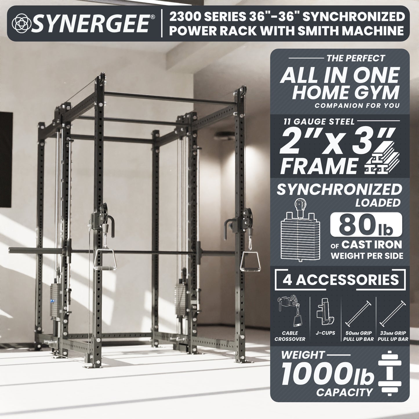Synergee 2300 Series Power Cage with Synchronized Loaded Cable Cross Overs and Smith Machine