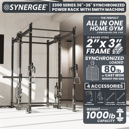 Synergee 2300 Series Power Cage with Synchronized Loaded Cable Cross Overs and Smith Machine